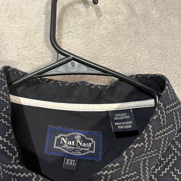 Nat Nast Shirt Mens 2XL Blue White Geometric Silk Cotton Short Sleeve Button Up - Picture 4 of 9